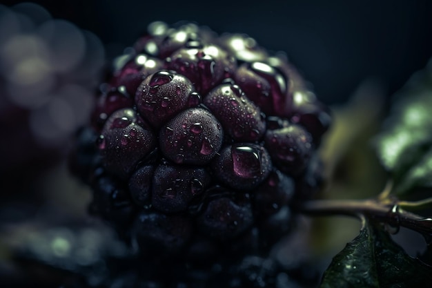 A close up of a blackberry with water droplets on it