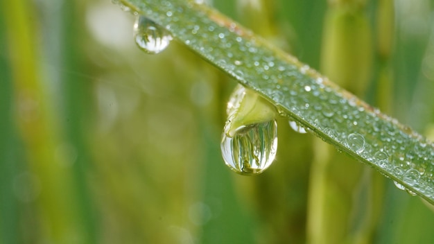 A close up of a blade of grass with the word rain on it