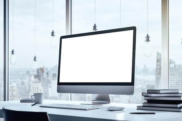 Close up of a blank computer screen standing on a white table in modern interior with big window with city view mock up 3D Rendering