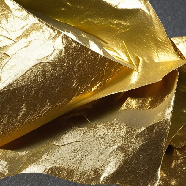 Photo close up of blank dark golden crumpled and creased paper