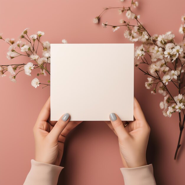 close up of a blank greeting card mockup with beautiful hands holding the greeting card Romantic