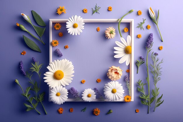 Close up blank photo frame with springs flowers season stylish background with Generative AI