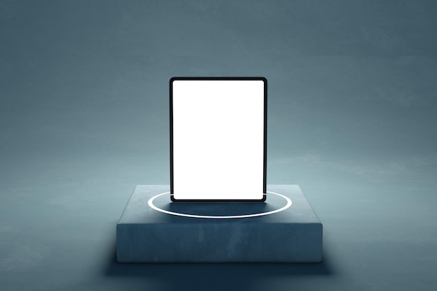 Close up of blank white tablet on concrete pedestal Technology and device presentation concept Mock up 3D Rendering