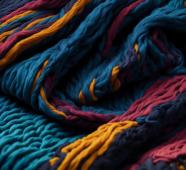 A close up of a blanket with a blue, red, and yellow pattern.