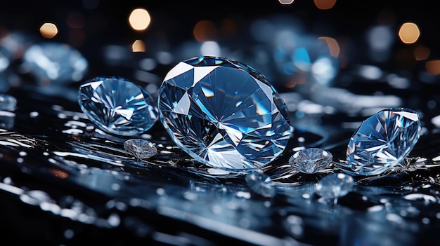 close-up blauwe diamant ligt op een tafel voor een spiegel