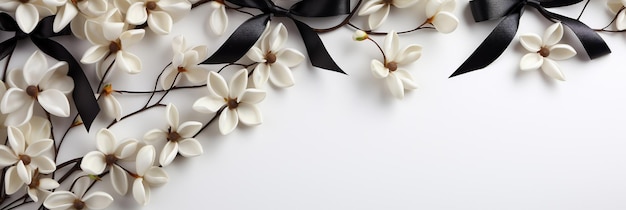 Close-up bloemen en zijden lint op witte achtergrond Flat lay top view zwart-wit compositie w