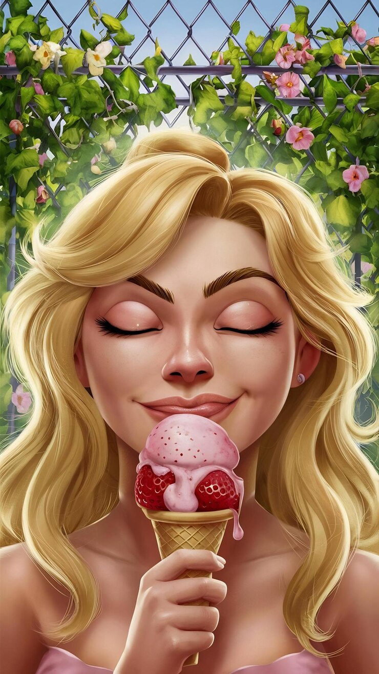 Photo close up of blonde woman enjoying a strawberry ice cream