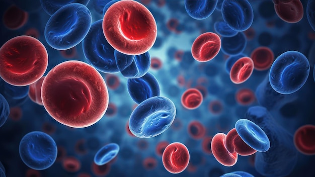 A close up of blood cells with red and blue blood cells in the background.