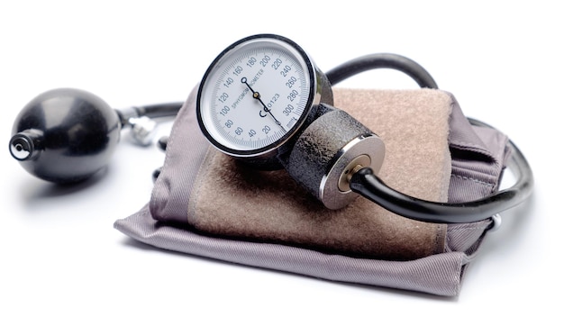 Photo close-up of blood pressure gauge on white background