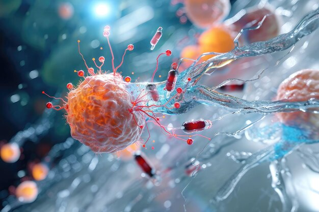 Близкий вид сети кровеносных сосудов Микроскопический вид нанороботов, доставляющих лекарства в раковую клетку