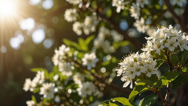 Foto close up di un ramo in fiore con fiori bianchi con la calda luce naturale del sole primaverile