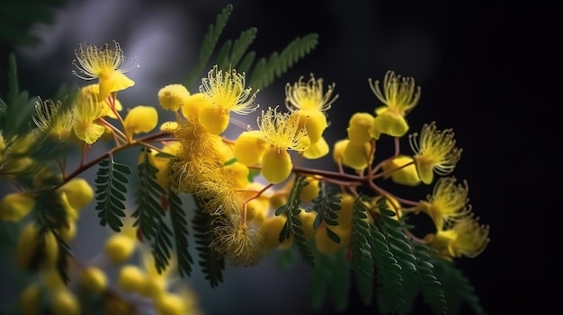 봄에 피는 노란색 미모사 꽃의 가지를 가게 찍는 Generative Ai