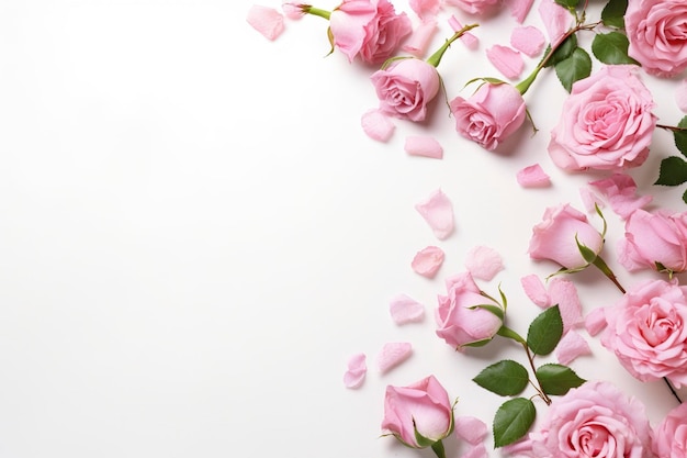 Close up of blooming pink roses flowers and petals isolated on white table background Floral frame composition Decorative web banner Empty space flat lay top view AI Generative