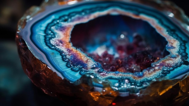 A close up of a blue agate with a dark background