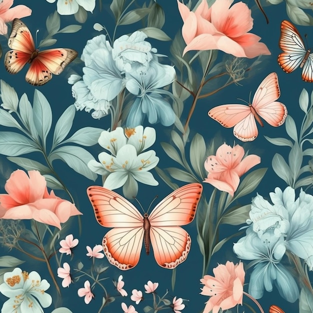 a close up of a blue background with a bunch of flowers and butterflies generative ai