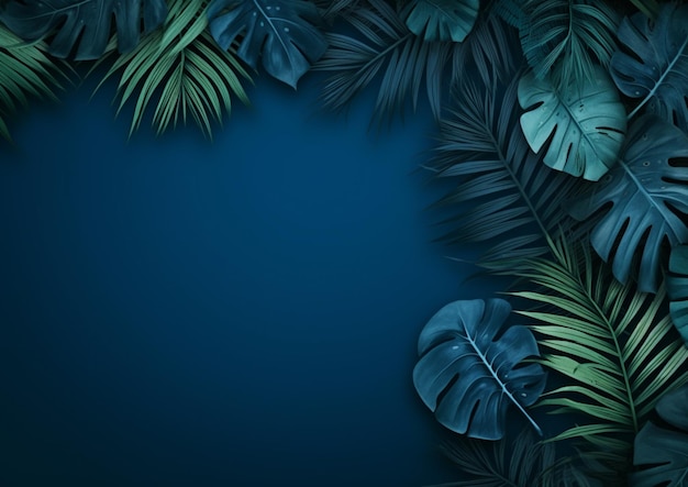 a close up of a blue background with a bunch of green leaves generative ai