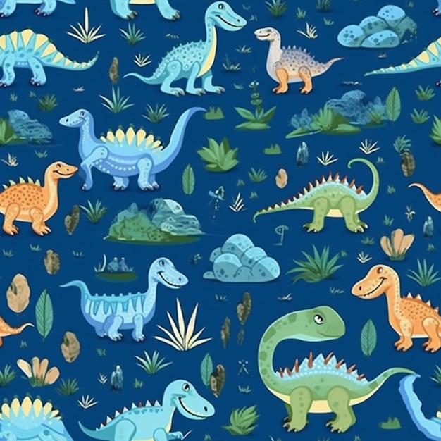 A close up of a blue background with dinosaurs and plants generative ai