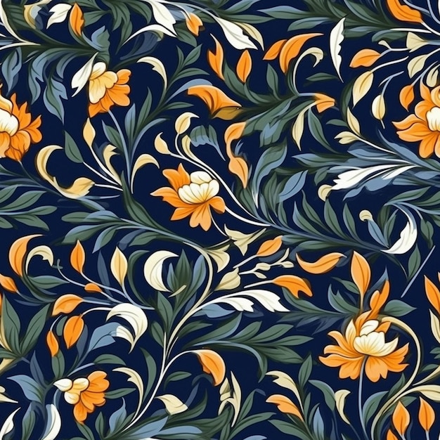 Крупный план синего фона с оранжевыми цветами и листьями, генеративный ай
