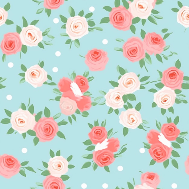 a close up of a blue background with pink roses and white dots generative ai