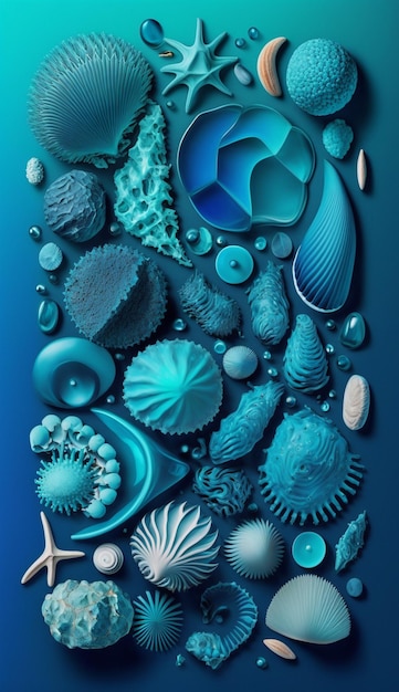 a close up of a blue background with various sea shells generative ai