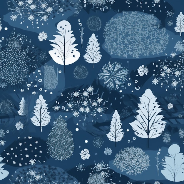 Близкий вид синего фона с белыми деревьями и снежинками