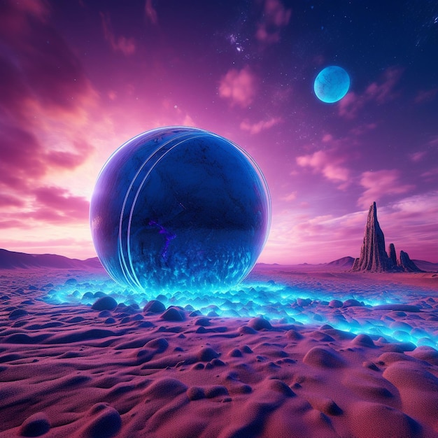 A close up of a blue ball in the desert with a mountain in the background generative ai