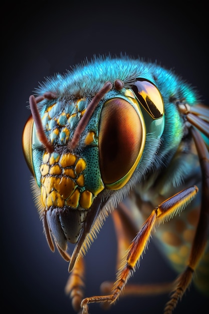 A close up of a blue bee's head