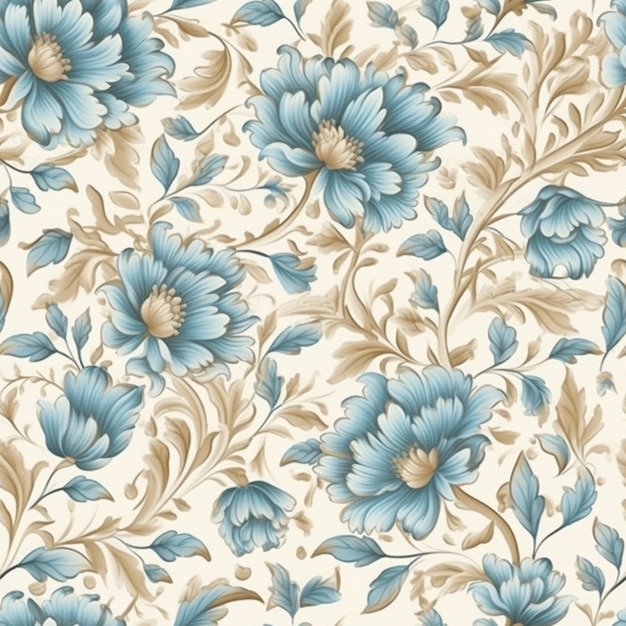 a close up of a blue and beige floral pattern on a white background generative ai