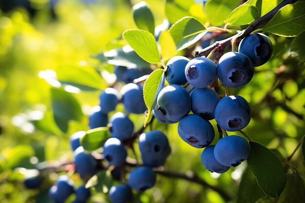 A close up of blue berries on a tree