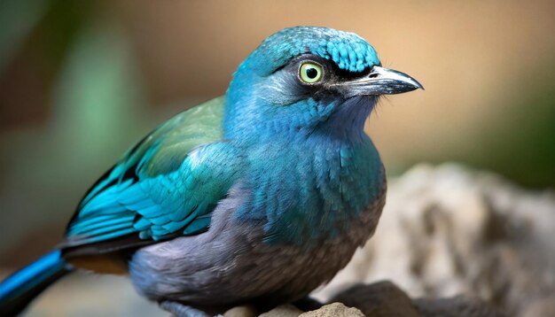 Foto un primo piano di un uccello blu con gli occhi verdi seduto su una roccia