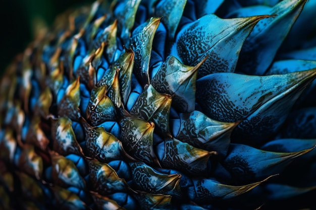 A close up of a blue and black dragon fruit.