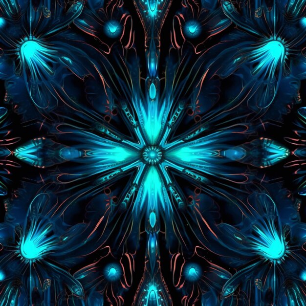 A close up of a blue and black flower design on a black background generative ai