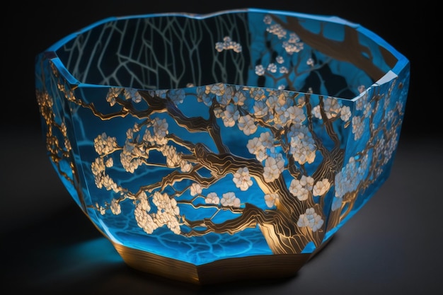 Close up of blue bowl with tree in the middle generative ai