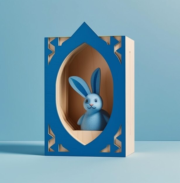 A close up of a blue bunny in a wooden box ai generative