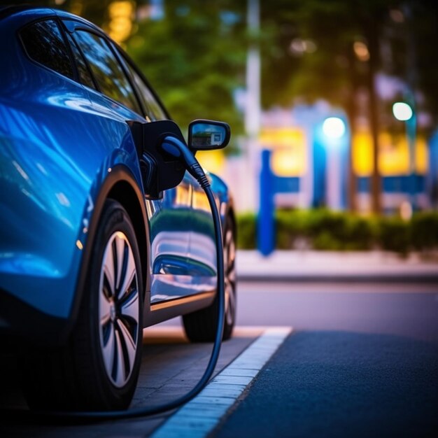 a close up of a blue car charging at a charging station generative ai