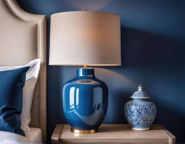 Photo close up of blue ceramic lamp on nightstand near bed with beige fabric headboard and blue pillows and blanket french country provence interior design of modern bedroom