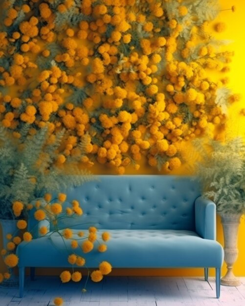 A close up of a blue couch in front of a yellow wall generative ai