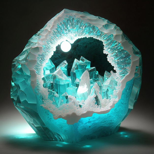 A close up of a blue crystal with a light shining on it generative ai