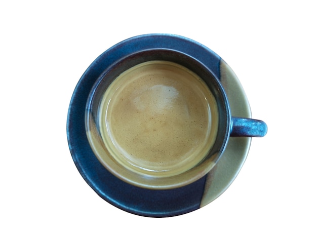 Photo close up a blue cup of hot coffee  isolate white background with clipping path.