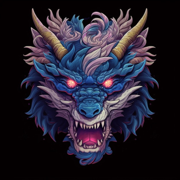 A close up of a blue dragon with horns and a red eye generative ai