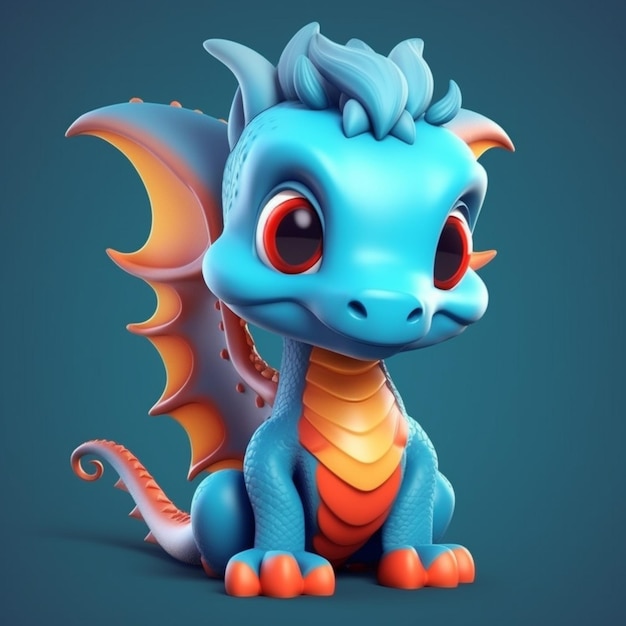 A close up of a blue dragon with orange eyes sitting on a blue surface generative ai