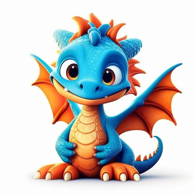 A close up of a blue dragon with orange wings and a big smile generative ai