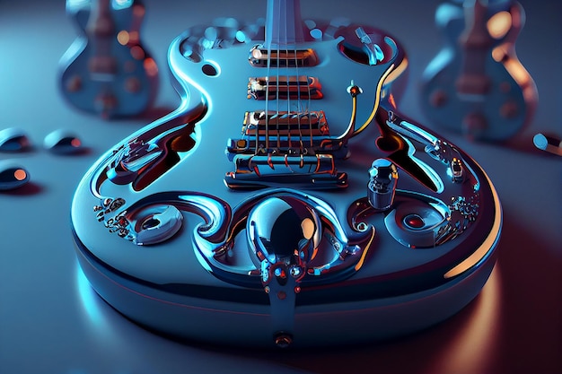 青いエレキギター生成 AI のクローズ アップ