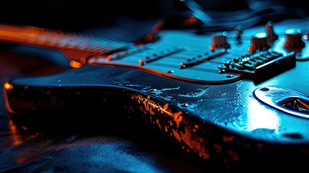 Photo close up of blue electric guitar