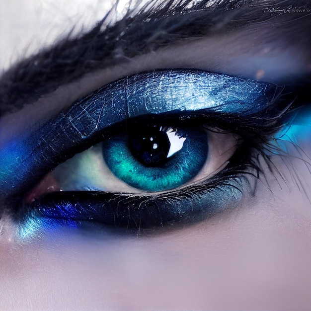 A close up of a blue eye with a black eye makeup.