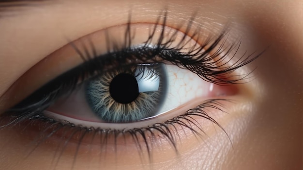 A close up of a blue eye with a black pupil