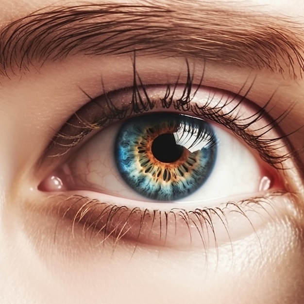 A close up of a blue eye with a brown eyebrow and a brown eyebrow.