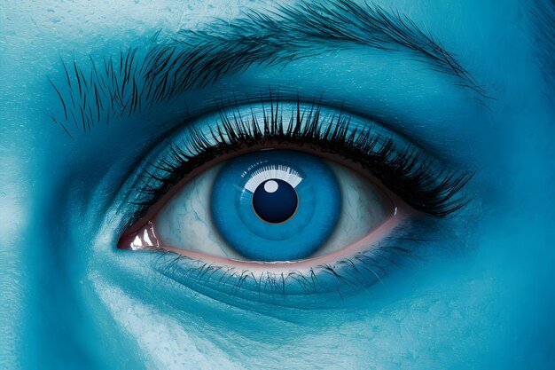 Photo close up blue eye with future cataract protection scan contact lens illustrating eye care technolog