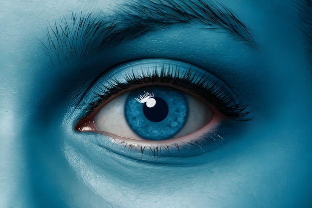 Photo close up blue eye with future cataract protection scan contact lens illustrating eye care technolog