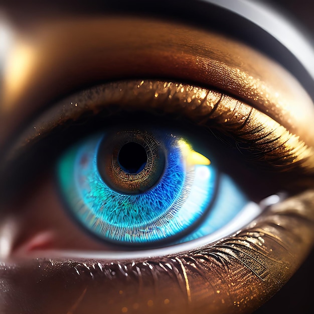 A close up of a blue eye with gold paint